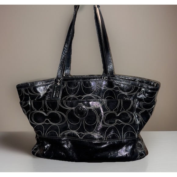 Coach Bag F19256 Signature Stitched Black Patent Lg. Leather Diaper Tote Laptop - Picture 1 of 9